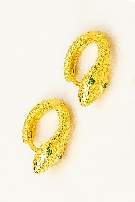 Green Eyed Serpent Huggie Hoop Earrings